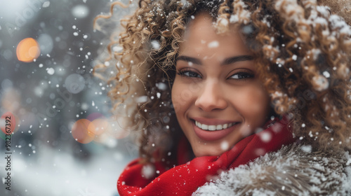 Gorgeous positive woman wearing winter season look clothes having fun outdoor on Christmas city street on abstract bokeh light and snowflake background