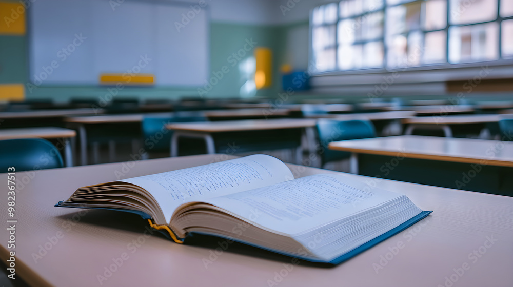 A classroom features clean empty desks with natural light streaming through large windows highlighting an open book on a desk A classroom features clean empty desks with natural light streaming through large windows highlighting an open book on a desk
