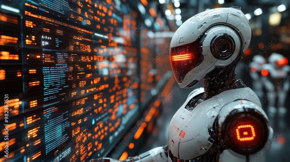 Illustration of a virtual robot in a stock trading area controlled by a robot under modern technology system. Technology of the future.