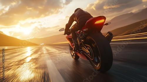 A motorcyclist in a protective red leather suit and helmet rides a sports motorcycle. A biker rides along the road against the backdrop of sunset. photo