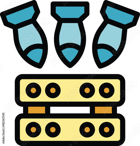 Cartoon style icon of three bombs falling from the sky near wooden pallets, concept of bombing raid
