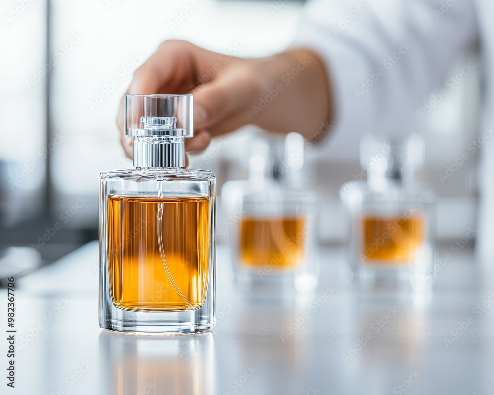 Close-up of a hand holding a perfume bottle, with other bottles in the background. Close-up of a hand holding a perfume bottle, with other bottles in the background.