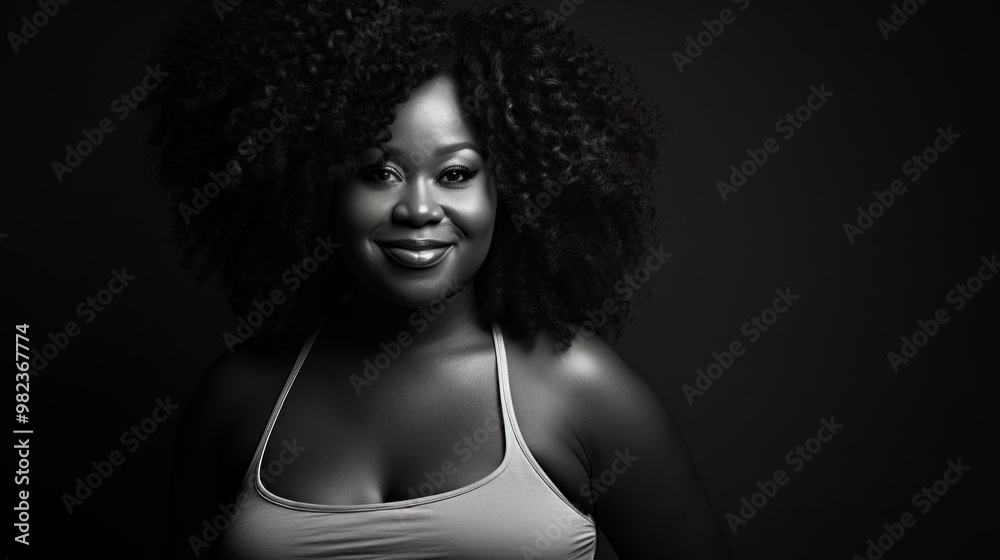 Portrait of dark skinned plus size woman smiles gladfully being in good mood. Neural network ai generated art Portrait of dark skinned plus size woman smiles gladfully being in good mood. Neural network ai generated art