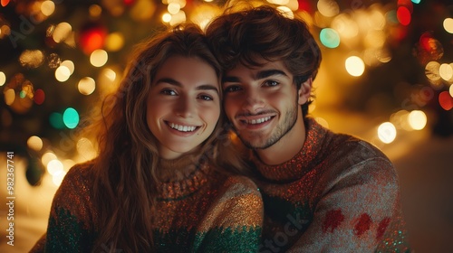 Smiling Couple in Festive Sweaters by Christmas Tree