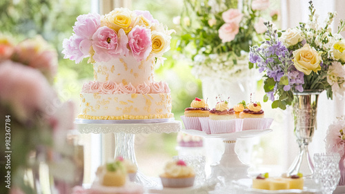 Cottage wedding decoration in the countryside, floral decor and event celebration, flowers, wedding aisle, wedding cake and tablescape, English country style idea