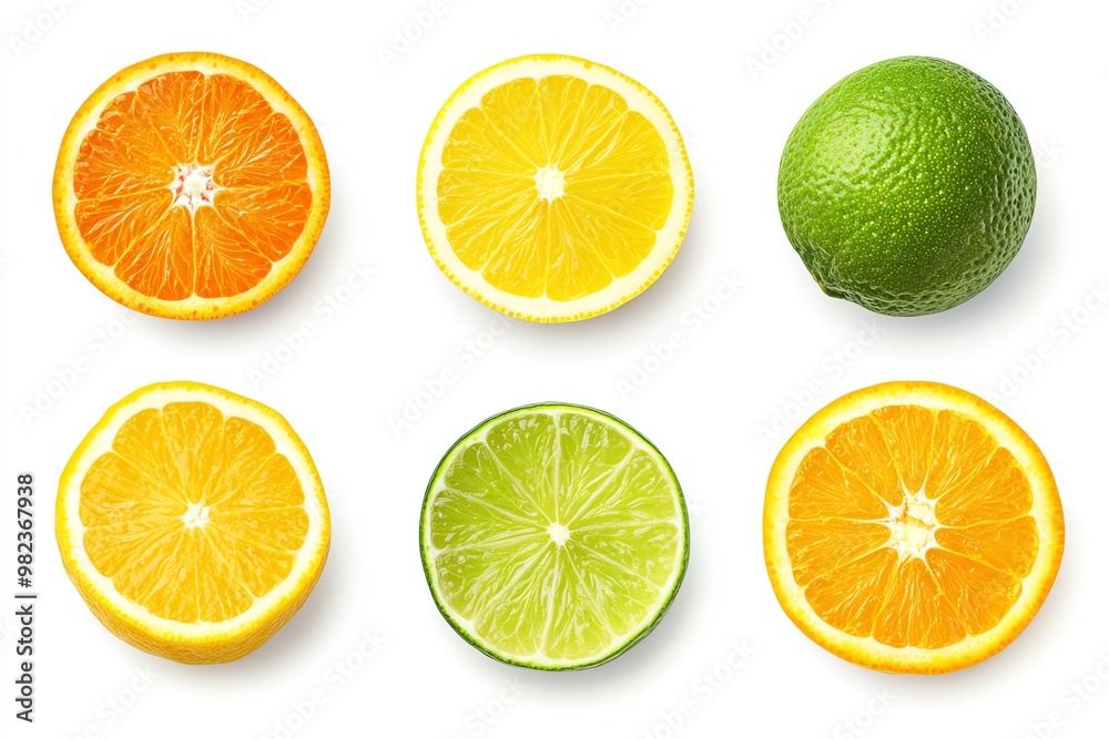 Vibrant citrus slices including orange, lemon, lime, and tangerine on a white background, perfect for food and health themes. Vibrant citrus slices including orange, lemon, lime, and tangerine on a white background, perfect for food and health themes.