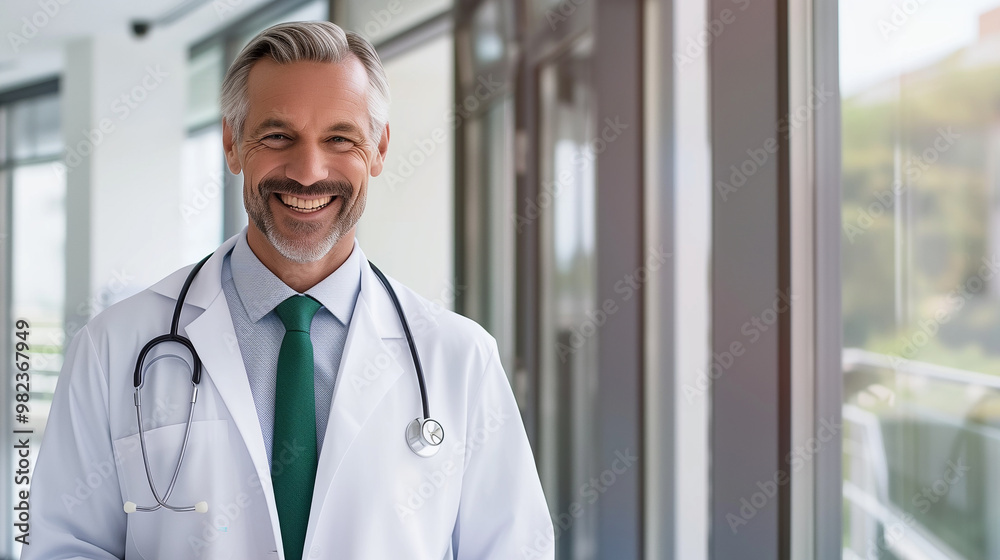 Friendly mature male doctor posing with folded arms in hospital. Professional general practitioner in medical uniform. Healthcare, medical staff concept. Friendly mature male doctor posing with folded arms in hospital. Professional general practitioner in medical uniform. Healthcare, medical staff concept.