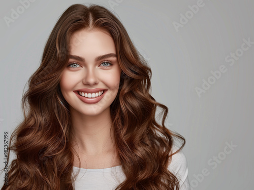 Happy brunette model woman with long curly hair. Young adult woman with hairstyle wavy curls. Fashion, beauty and makeup concept