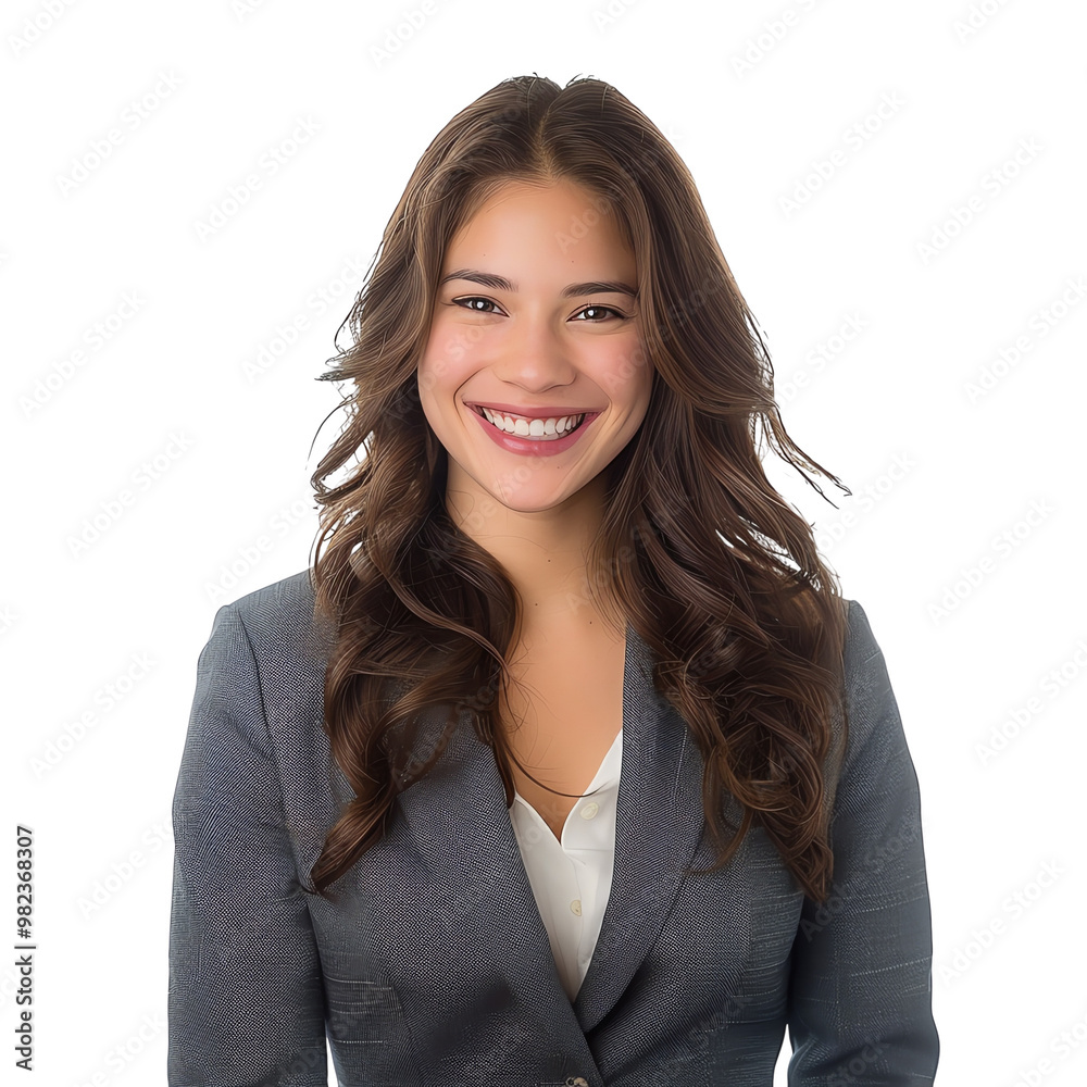Confident young businesswoman with long brown hair smiling in a professional gray suit, isolated on a white background. Confident young businesswoman with long brown hair smiling in a professional gray suit, isolated on a white background.