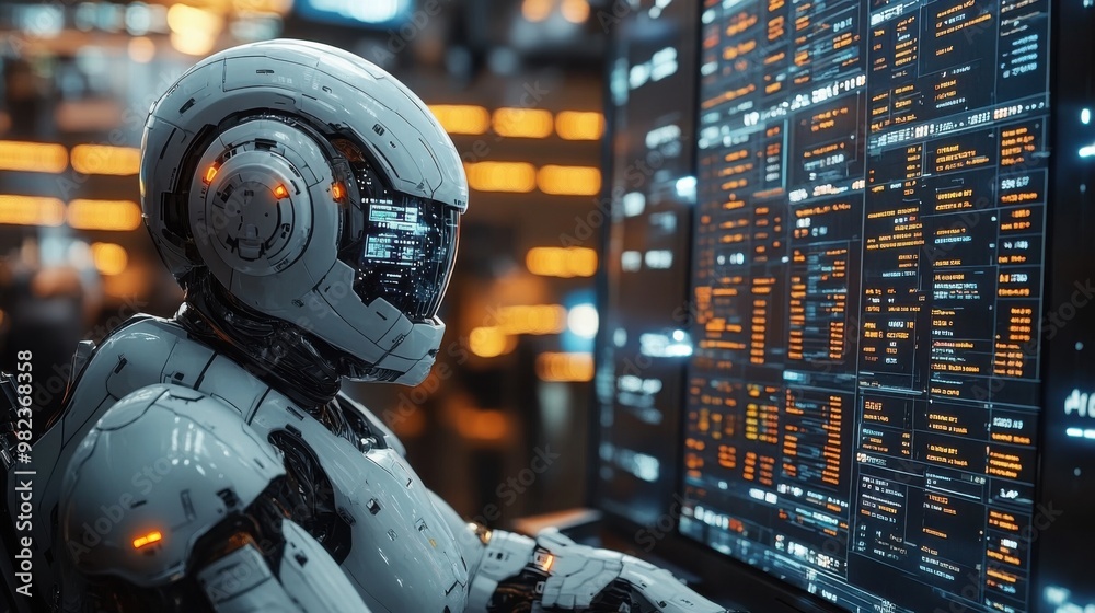 Illustration of a virtual robot in a stock trading area controlled by a robot under modern technology system. Technology of the future. Illustration of a virtual robot in a stock trading area controlled by a robot under modern technology system. Technology of the future.