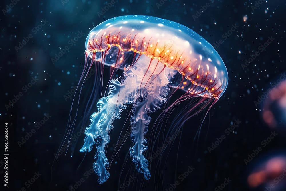 bioluminescent jellyfish glowing in the deep ocean depths translucent bodies pulsate with ethereal blue light creating a mesmerizing underwater scene symbolic of marine biodiversity bioluminescent jellyfish glowing in the deep ocean depths translucent bodies pulsate with ethereal blue light creating a mesmerizing underwater scene symbolic of marine biodiversity