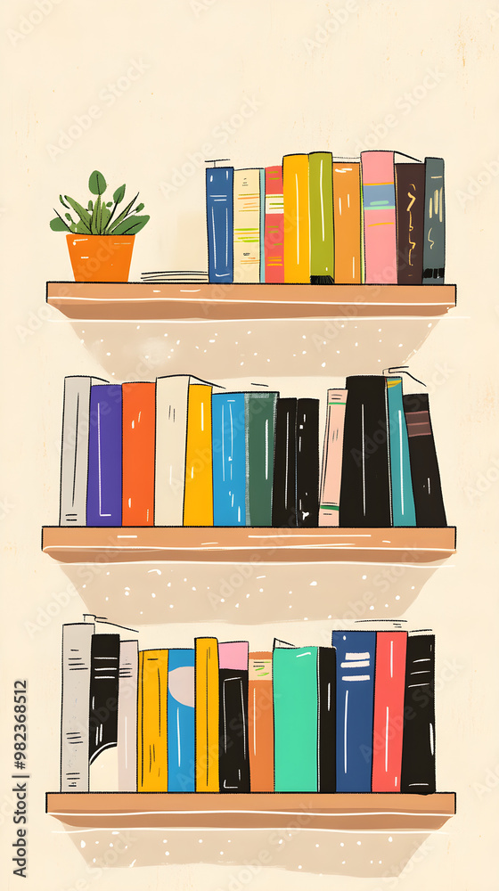 Fototapeta premium A minimalist bookshelf filled with colorful books and a small potted plant creates a vibrant, inviting atmosphere perfect for any reading nook