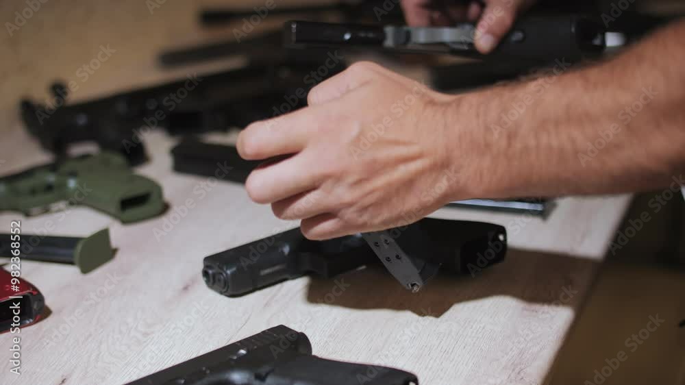Man Arranging Pistols in Personal Weapon Collection Man Arranging Pistols in Personal Weapon Collection