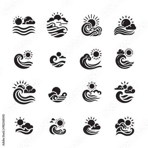 stylish curved cloud with sun vector logo icon set, collection ore bundle, vector illustrations, cloud silhouette