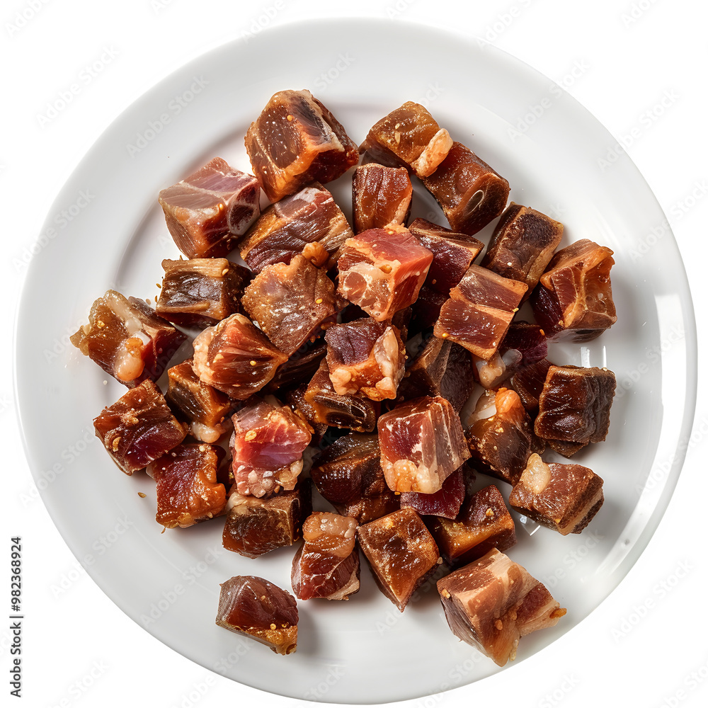 Clear image displaying diced jerky neatly presented on a clean white dish, set against a see-through backdrop, ideal for cooking and food-themed tasks