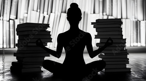 A silhouette of a person meditating in a serene pose surrounded by stacks of books evoking calmness and focus