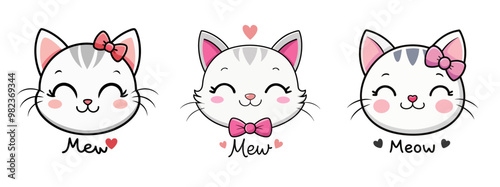 Cute cartoon kitten head Illustration with bow