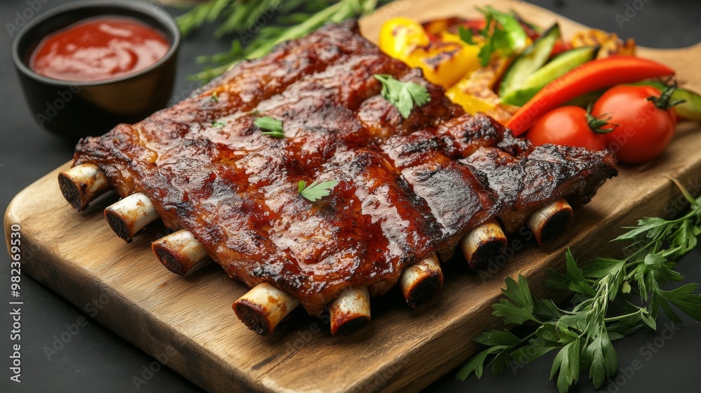 Grilled pork ribs served on a rustic wooden board, with a side of spicy dipping sauce, roasted vegetables, and fresh herbs, emphasizing the flavors of traditional Thai cuisine. Grilled pork ribs served on a rustic wooden board, with a side of spicy dipping sauce, roasted vegetables, and fresh herbs, emphasizing the flavors of traditional Thai cuisine.
