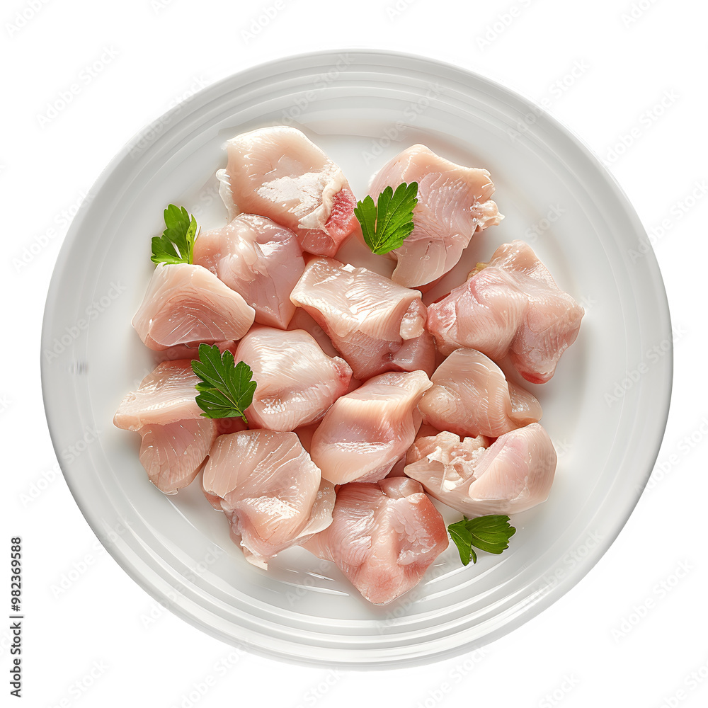 Fresh, raw chicken breast pieces arranged on a white plate with parsley garnish, isolated on a transparent background, ready for cooking or meal preparation Fresh, raw chicken breast pieces arranged on a white plate with parsley garnish, isolated on a transparent background, ready for cooking or meal preparation