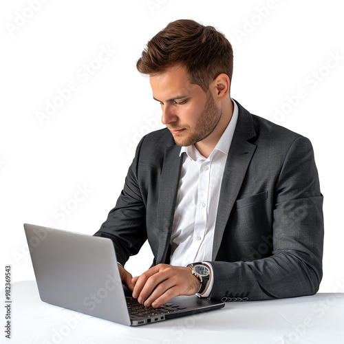 Confident businessman in suit working on laptop at desk, focusing on a task, isolated on white background.