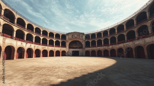 A deserted round bullfight arena in Spain, capturing the grandeur of the iconic space used for traditional bullfighting events photo