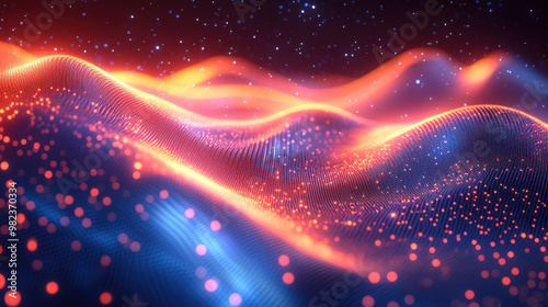 Flowing wave of orange and blue glowing particles in a futuristic digital landscape, representing technology, innovation, and data communication in a virtual environment.