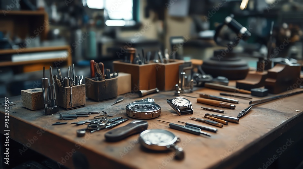 A watchmaker's workbench with tools and a disassembled watch. A watchmaker's workbench with tools and a disassembled watch.