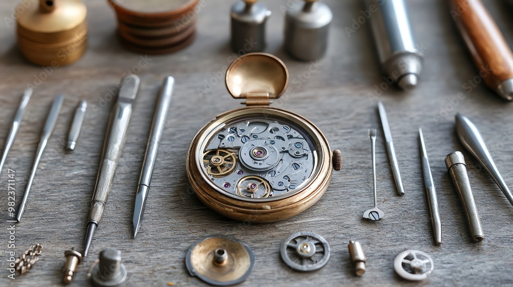 A watchmaker's workbench with tools and a disassembled watch.