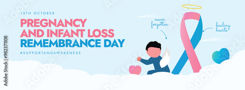 Pregnancy and Infant loss remembrance day. 15th October Pregnancy, infant loss day cover banner with a baby with wings, pink, blue ribbon. The day remembers miscarriage, stillbirth, SIDS, ectopic