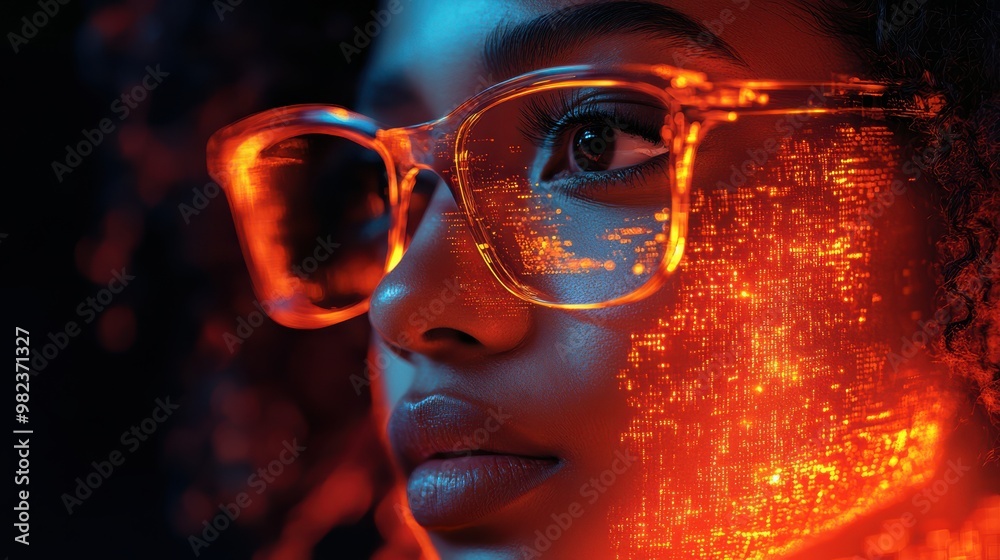 Portrait of a young woman wearing large orange glowing glasses with digital data projections on her face, immersed in a futuristic high-tech digital world. Portrait of a young woman wearing large orange glowing glasses with digital data projections on her face, immersed in a futuristic high-tech digital world.