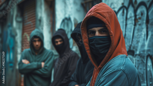 Masked hooded figures in urban setting. Graffiti-covered walls. Mysterious group with concealed identities. Tense atmosphere. Potential gang or criminal activity. Urban subculture and youth unrest photo