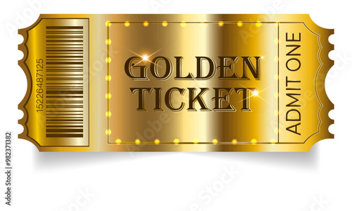 Golden ticket. Event ticket. VIP. Shining golden ticket mockup isolated on white background. For web, for print
