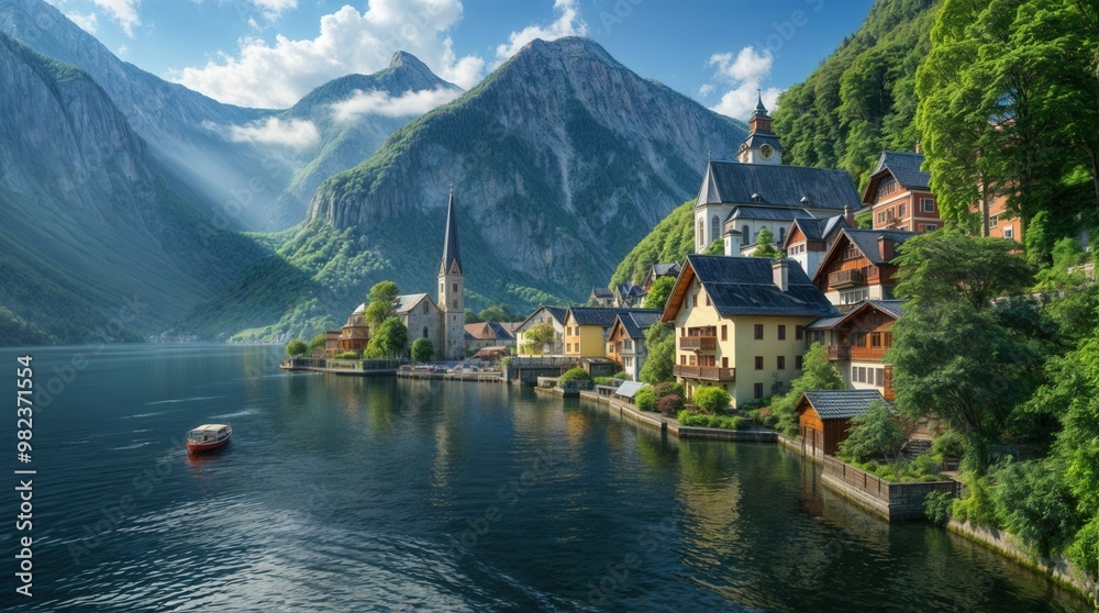 Fototapeta premium A small village is situated on a lake surrounded by mountains