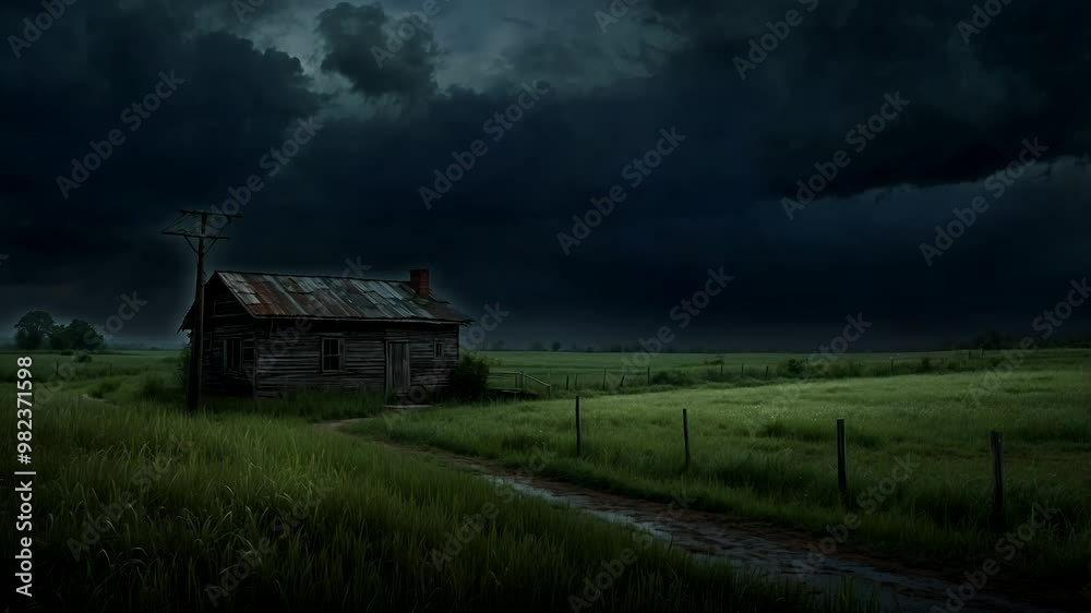 view of cloudy sky and lightning rain, house in the middle of a meadow view of cloudy sky and lightning rain, house in the middle of a meadow