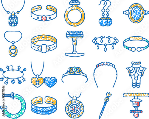 jewelry ring gold jewel doodle icons set vector. sketch line art jewellery accessory, necklace diamond, bracelet silver, gift, luxury girl jewelry ring gold jewel color illustrations