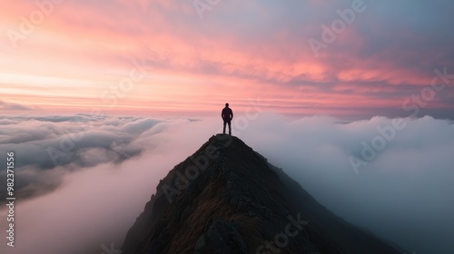 A stunning image of a person silhouetted against the vibrant colors of sunrise, standing on a mountain ridge surrounded by swirling clouds, capturing a moment of awe.