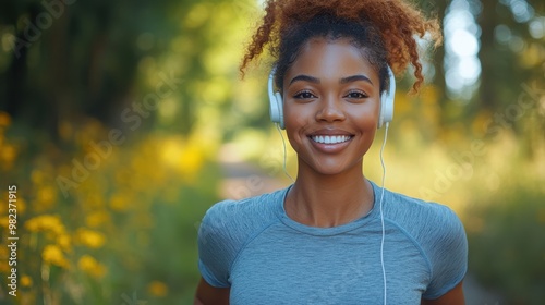 Happy woman running with headphones in a lush, green forest. Focused on fitness, outdoor exercise, and enjoying a healthy, active lifestyle surrounded by nature. photo