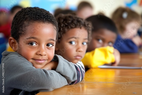 Focused child in classroom with peers around