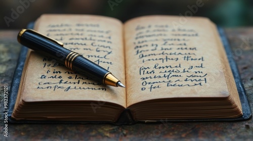 Image of a notebook with a pen open on both sides to represent recording and memorizing. It is a vintage style image.