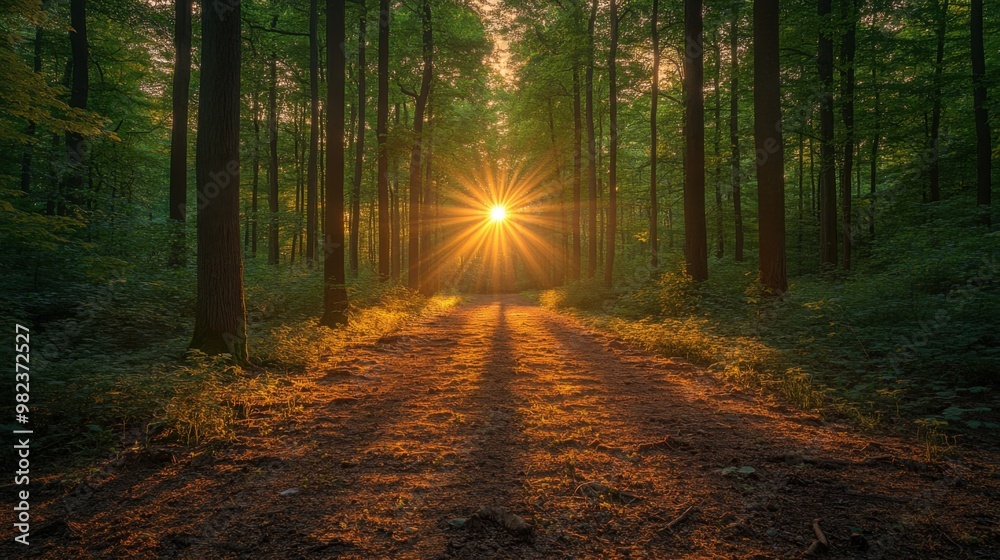 The image of the morning sun shining through the shadows of the forest on a new morning, conveys a new beginning, hope, an image that gives a feeling of positive energy to the mind. The image of the morning sun shining through the shadows of the forest on a new morning, conveys a new beginning, hope, an image that gives a feeling of positive energy to the mind.