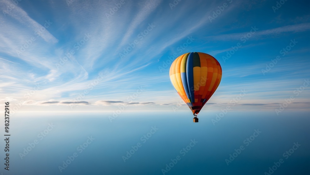 Colorful Hot Air Balloon in Clear Blue Sky with Expansive Negative Space Colorful Hot Air Balloon in Clear Blue Sky with Expansive Negative Space