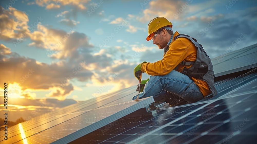 Electrician Working on Solar Panel Installation for Renewable Energy. alternative renewable green energy generation concept.