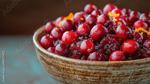 Close-up of a ceramic bowl filled with fresh cranberries and orange zest on a rustic table, showcasing a delicious and vibrant fruit combination. photo