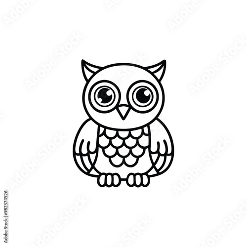 Black and white line drawing of a plush owl doll with large eyes and detailed feather.