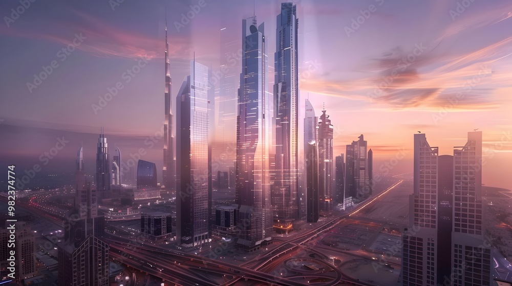 Fototapeta premium Futuristic Cityscape With Distinctive Modern Skyscrapers Against Dramatic Sunset Backdrop