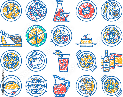 spanish cuisine food spain paella doodle icons set vector. sketch line art dish mediterranean, tortilla onion, omelet table, mussel gourmet, olive, traditional cuisine food paella color illustrations