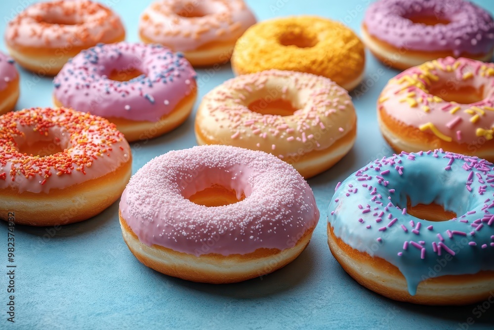 cheerful pattern of colorful pastel donuts on a turquoise background flat lay composition with a variety of frosted and sprinkled treats creating a playful and appetizing design cheerful pattern of colorful pastel donuts on a turquoise background flat lay composition with a variety of frosted and sprinkled treats creating a playful and appetizing design