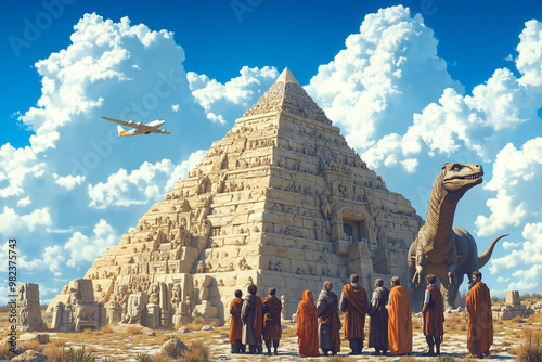 A group of people standing in front of a pyramid with a dinosaur statue photo