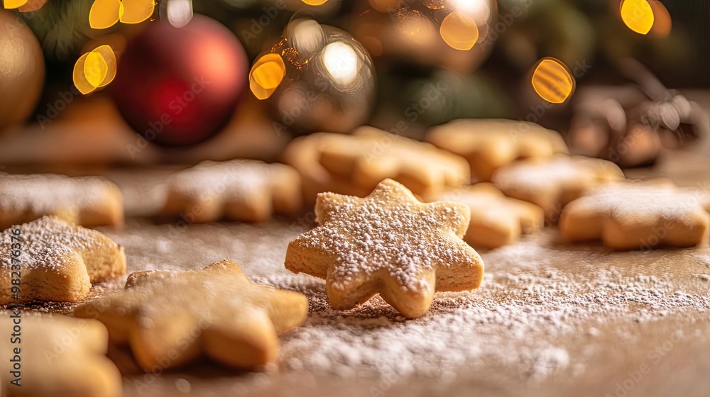 Delicious star-shaped cookies dusted with powdered sugar on a festive table, perfect for holiday celebrations. Delicious star-shaped cookies dusted with powdered sugar on a festive table, perfect for holiday celebrations.