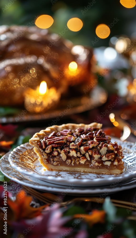 Close-up of a delectable pecan pie slice on a festive table with warm holiday decor and glowing candles in the background. Close-up of a delectable pecan pie slice on a festive table with warm holiday decor and glowing candles in the background.